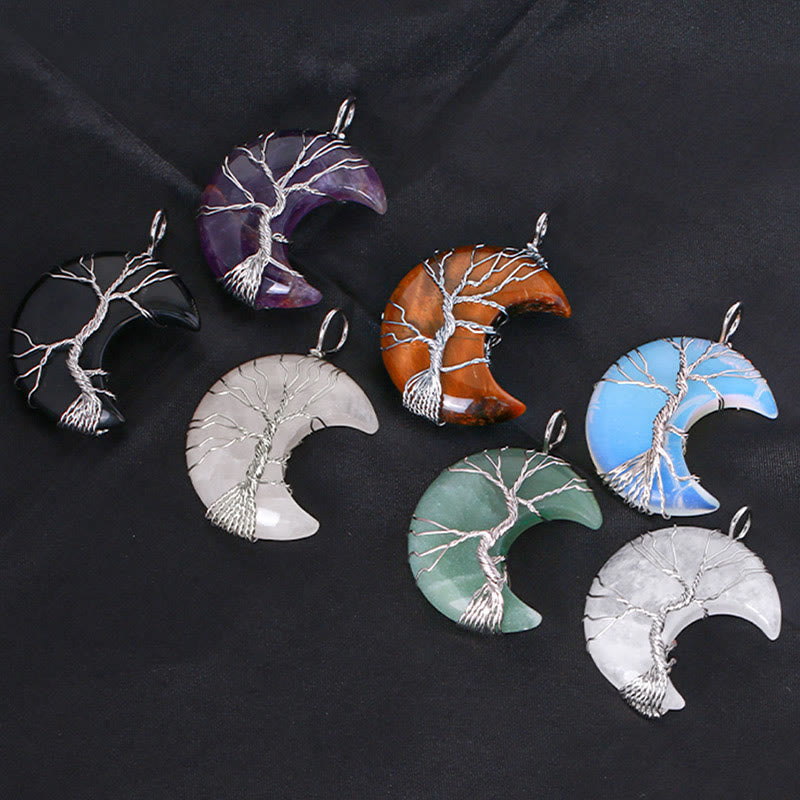 Nimara Ritual Natural Quartz Crystal Moon Tree Of Life Healing Energy Necklace Pendant