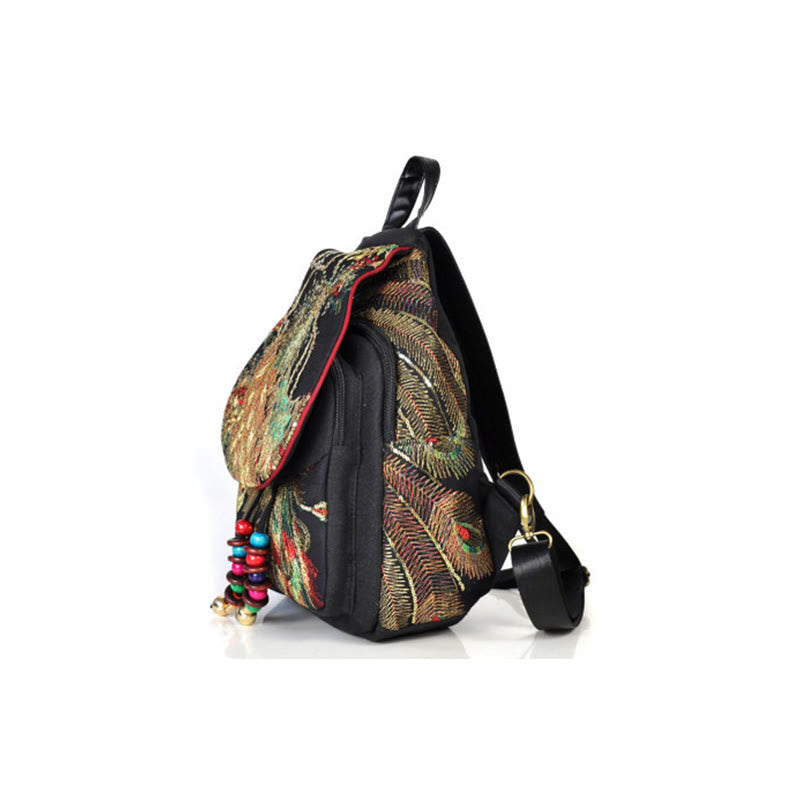 Nimara Ritual Peacock Embroidery Canvas Tassel Backpack