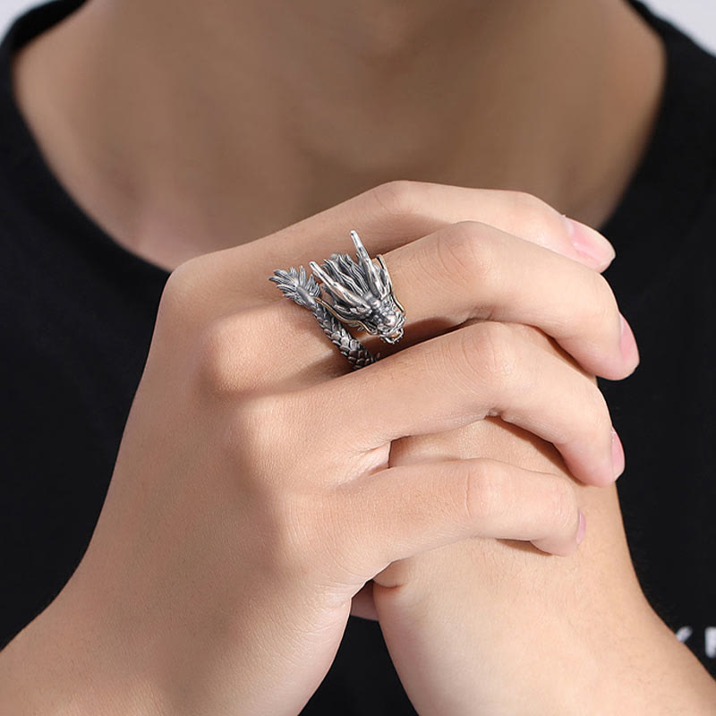 Nimara Ritual 925 Sterling Silver Vintage Dragon Design Protection Strength Adjustable Ring