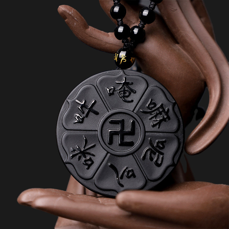 Nimara Ritual Natural Black Obsidian Tibetan Om Mani Padme Hum Buddha Swastika Luck Necklace Pendant