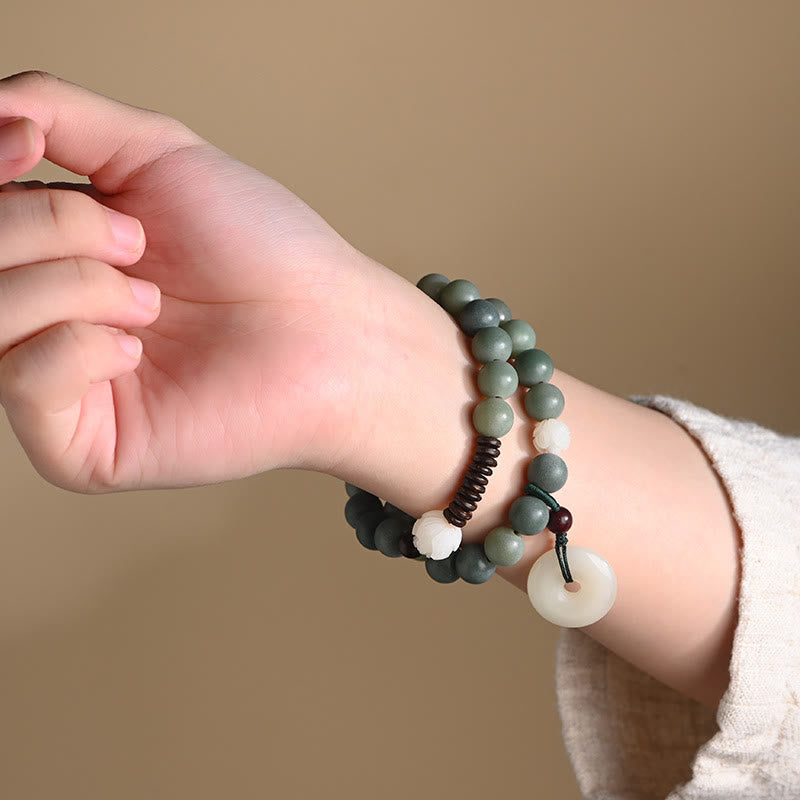 Nimara Ritual Cyan Bodhi Seed Lotus Jade Peace Buckle Wisdom Double Wrap Bracelet