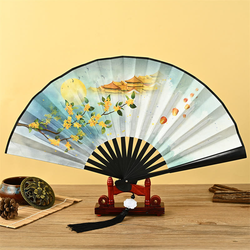 Nimara Ritual Vintage Phoenix Nine Tailed Fox Flower Bamboo Tiger Handheld Folding Fan Lotus Tassel Fan