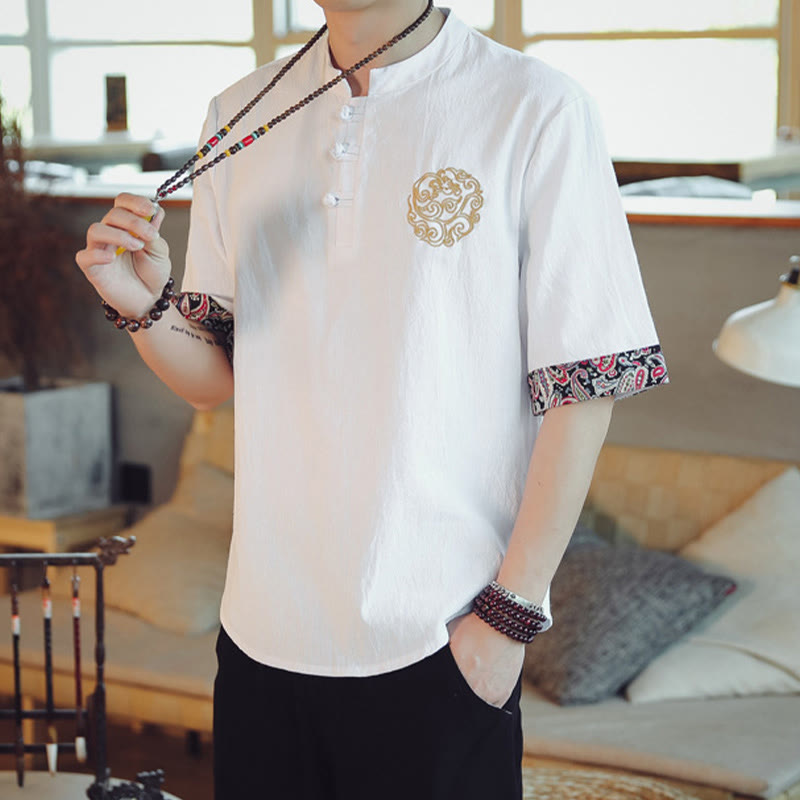 Nimara Ritual Frog-Button Dragon Embroidery Chinese Tang Suit Short Sleeve Shirt Men Clothing