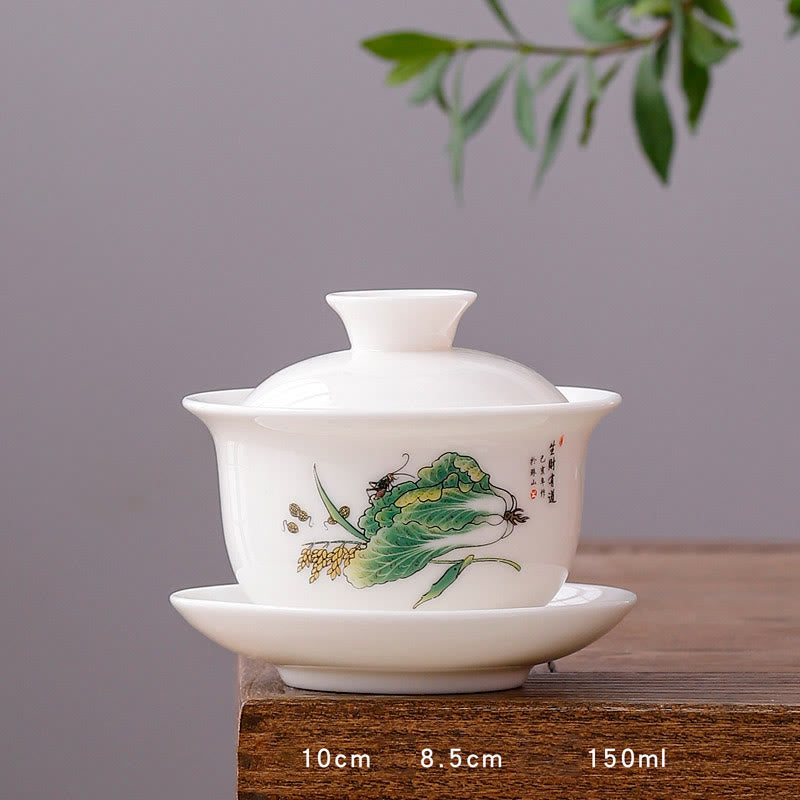 Nimara Ritual White Porcelain Mountain Landscape Countryside Ceramic Gaiwan Teacup Kung Fu Tea Cup And Saucer With Lid