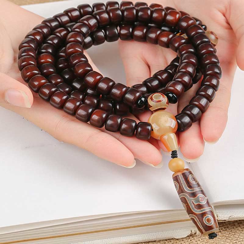 Nimara Ritual 108 Mala Beads Three-eyed Dzi Bead Nine-eye Dzi Bead Jade Luck Bracelet