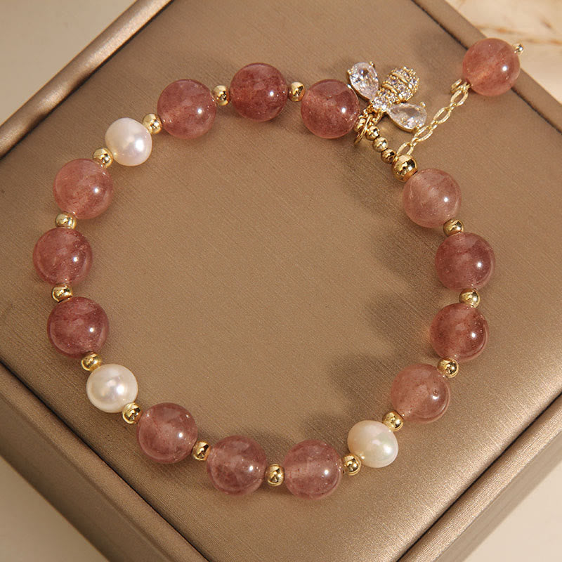 Nimara Ritual Strawberry Quartz Pearl Cute Zircon Honeybee Positive Charm Bracelet