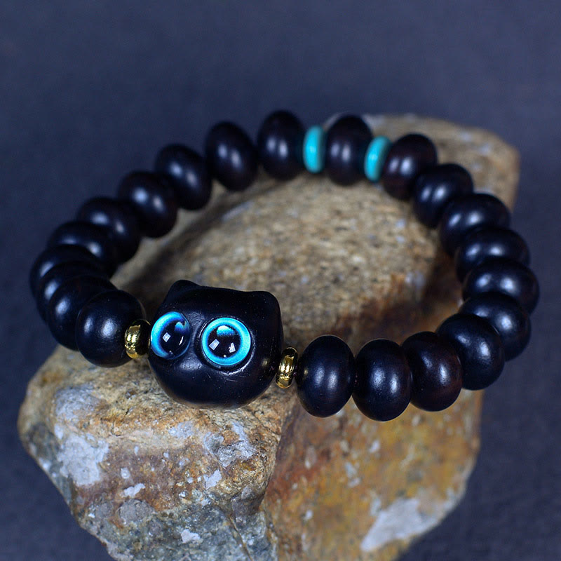 Nimara Ritual Ebony Wood Liuli Glass Lovely Cat Peace Balance Bracelet