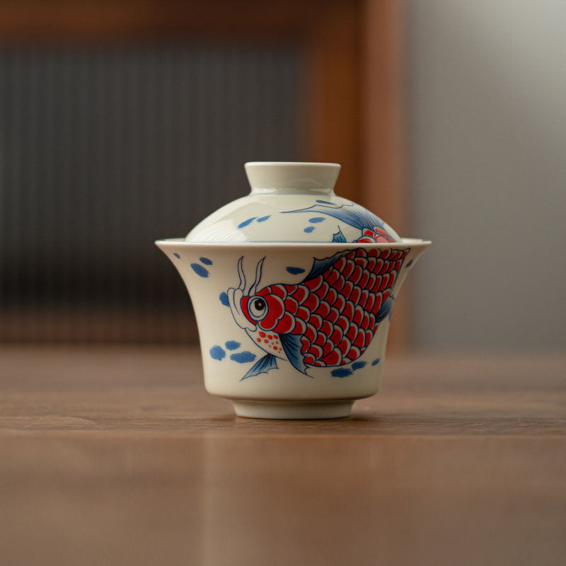 Nimara Ritual Koi Fish Arowana Ceramic Gaiwan Sancai Teacup Kung Fu Tea Cup With Lid 130ml