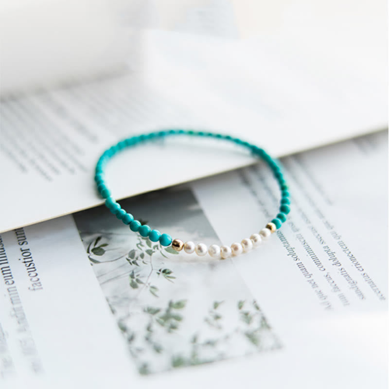 Nimara Ritual 925 Sterling Silver Natural Turquoise Pearl Beaded Bracelet