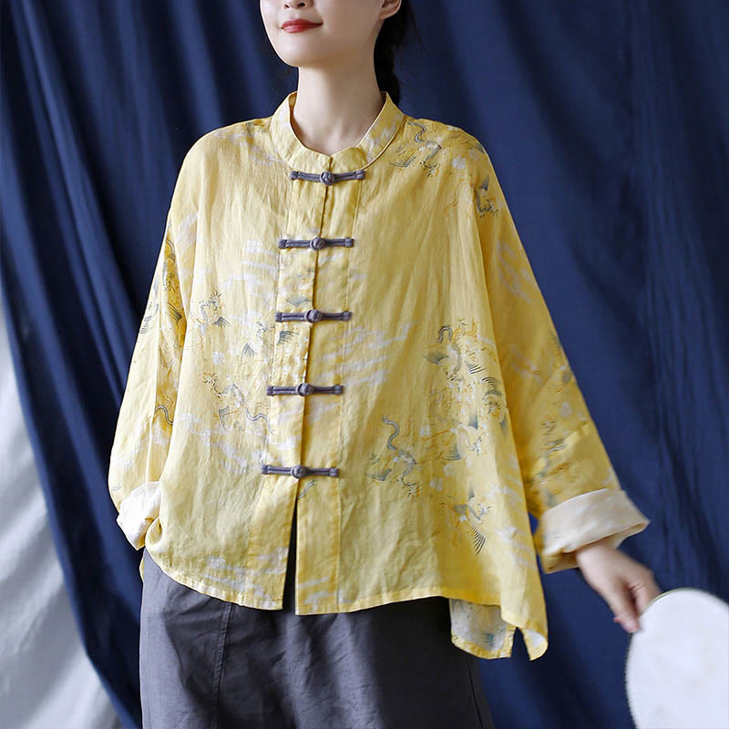 Nimara Ritual Yellow Phoenix Print Frog-button Design Long Sleeve Ramie Linen Jacket Shirt