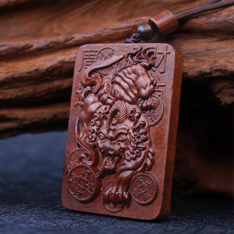 Nimara Ritual Natural Lightning Struck Jujube Wood PiXiu Copper Coin Good Fortune Necklace Pendant