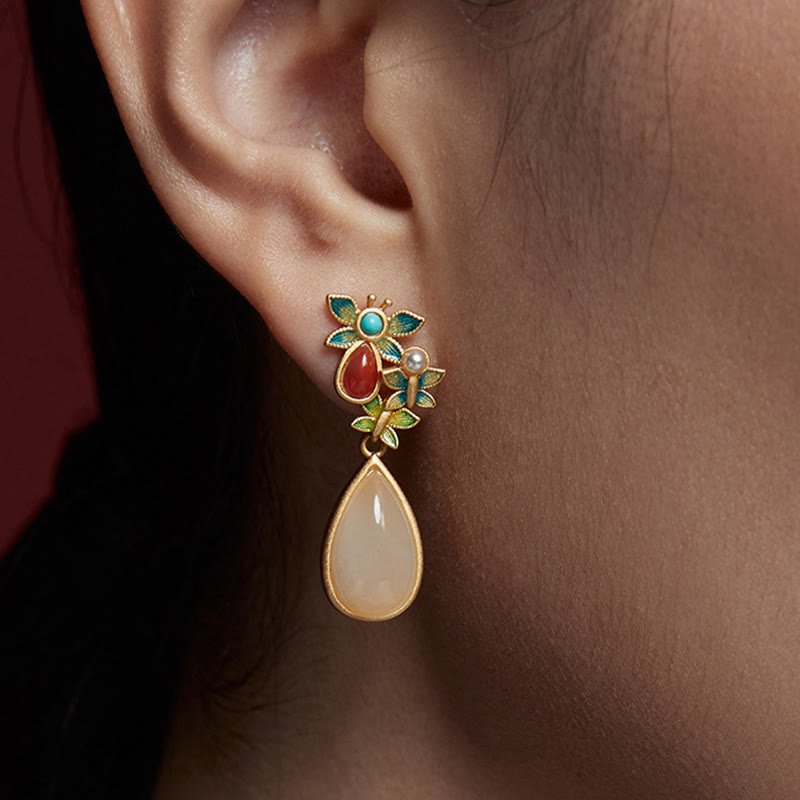 Nimara Ritual Water Drop White Jade Red Agate Butterfly Protection Drop Dangle Earrings