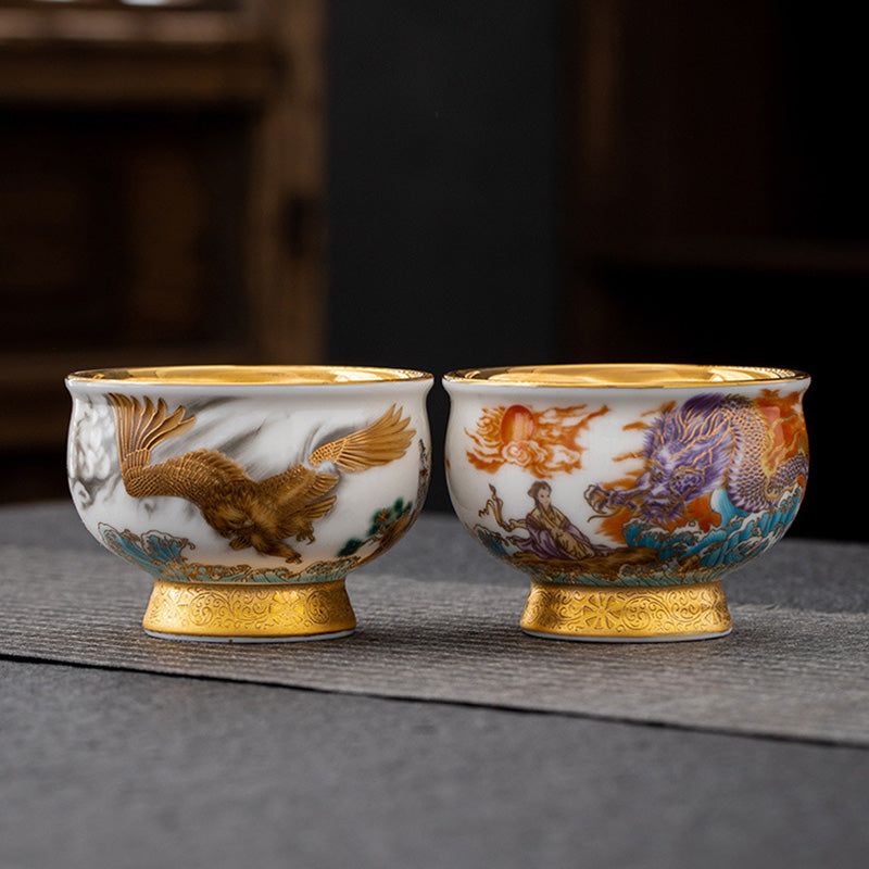 Nimara Ritual Golden Eagle Auspicious Dragon Sun Ocean Waves Gilt Ceramic Teacup Kung Fu Tea Cup