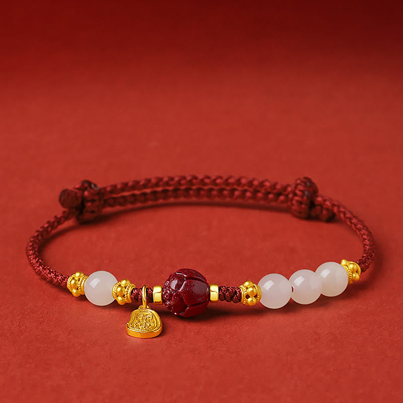 Nimara Ritual 24K Gold Plated Hetian White Jade Cinnabar Lotus Luck Rope Bracelet