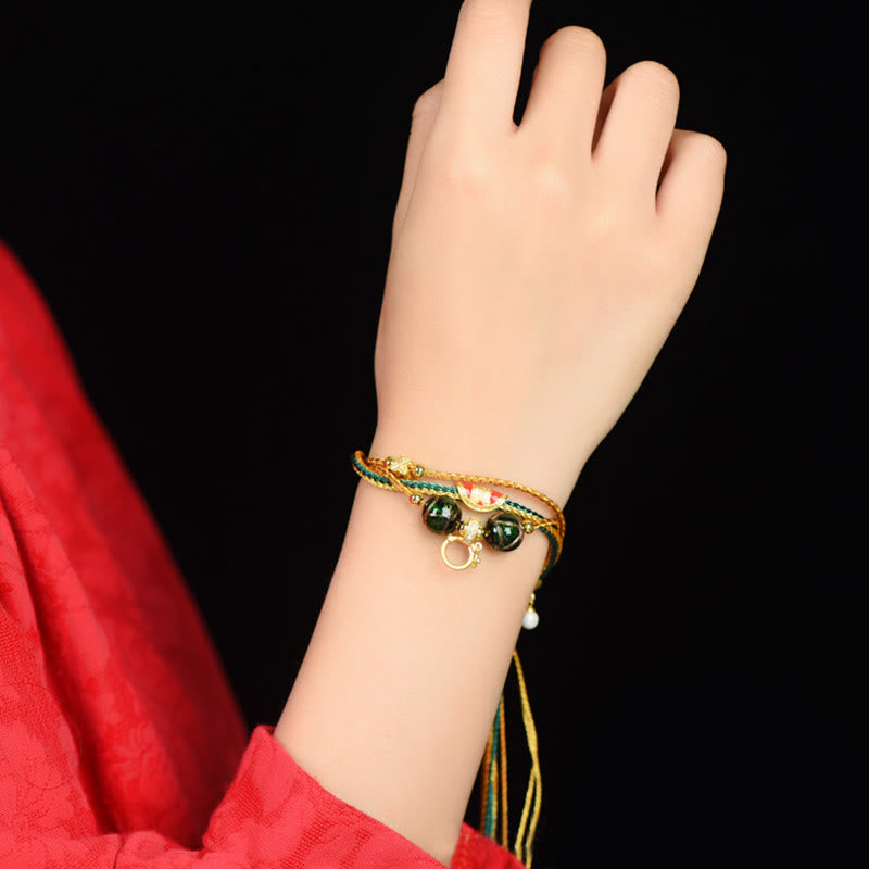 Nimara Ritual Tibetan Handmade Rope Liuli Glass Bead Braided Multilayered Healing Bracelet