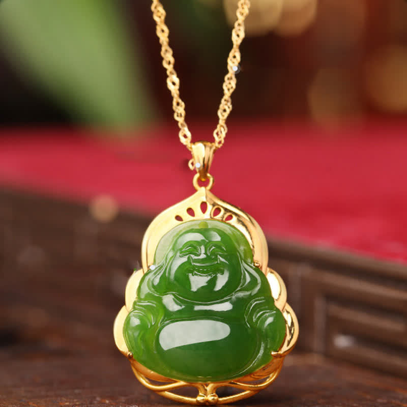 Nimara Ritual 925 Sterling Silver Natural Hetian Cyan Jade Laughing Buddha 18K Gold Healing Necklace Chain Pendant