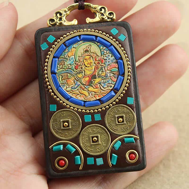 Nimara Ritual Tibet God of Wealth Thangka Ebony Peace Necklace Pendant