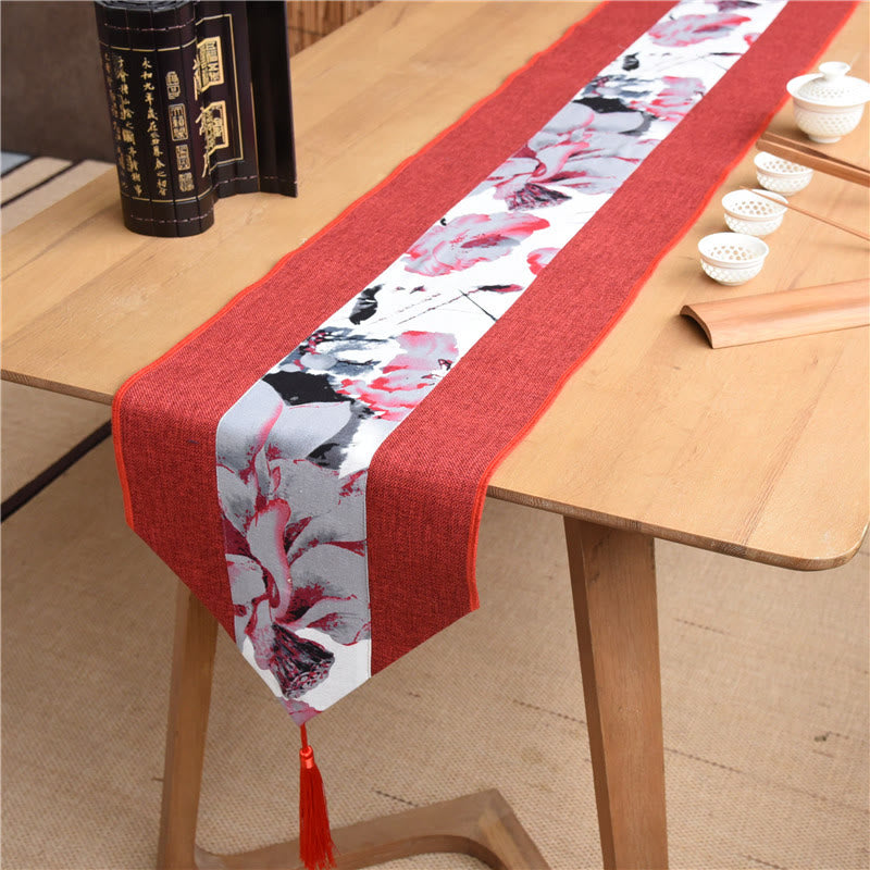 Nimara Ritual Classic Chinese Style Lotus Koi Fish Flower Crane Calligraphy Enlightenment Cotton Linen Tassels Table Runner