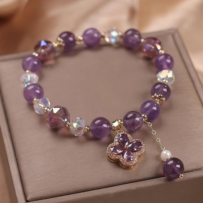 Nimara Ritual Natural Amethyst Crystal Four Leaf Clover Spiritual Healing Bracelet