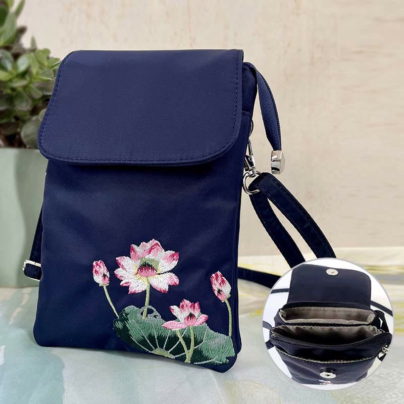 Nimara Ritual Waterproof Handmade Embroidered Lotus Flowers Crossbody Bag Shoulder Bag Cellphone Bag