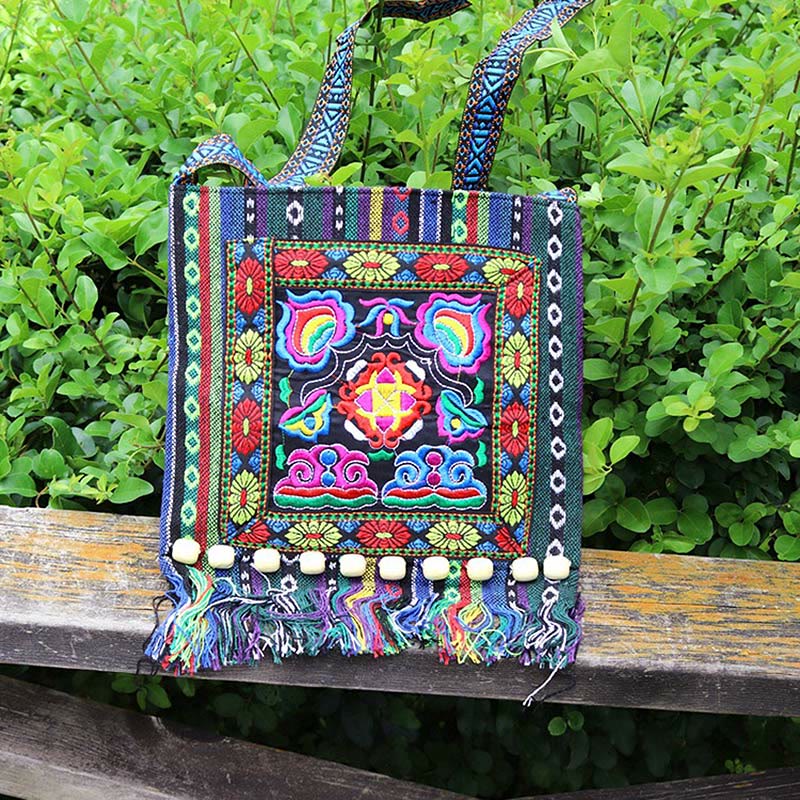 Nimara Ritual Tibetan Handmade Embroidered Camellia Canvas Shoulder Bag Crossbody Bag