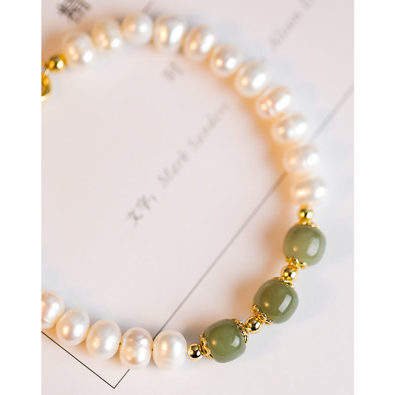 Nimara Ritual 14K Gold Plated Natural Pearl Hetian Cyan Jade White Jade Sincerity Bead Chain Bracelet
