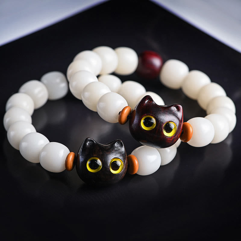 Nimara Ritual Natural Bodhi Seed Small Leaf Red Sandalwood Ebony Wood Cute Lucky Cat Wisdom Bracelet