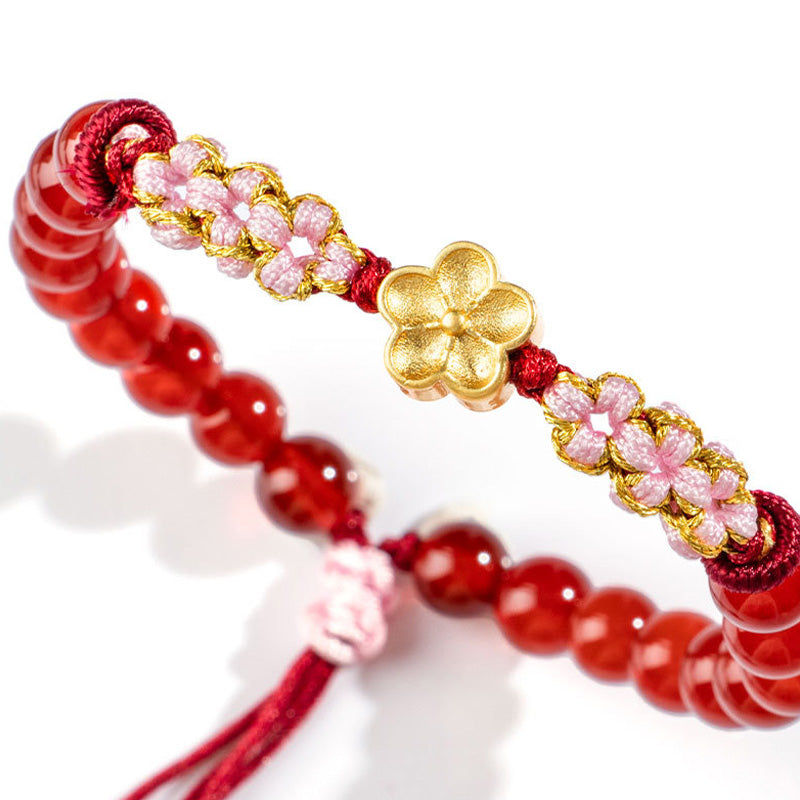 Nimara Ritual 999 Sterling Silver Natural Red Agate Pink Crystal Cherry blossom Bracelet