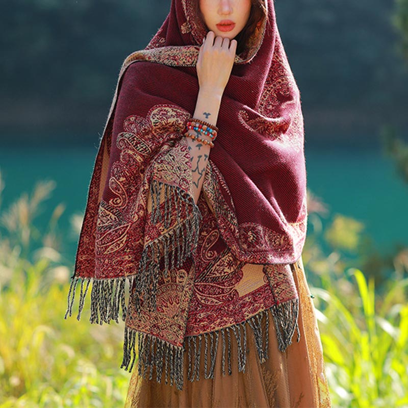 Nimara Ritual Tibetan Vine Leaves Pattern Design Shawl Cozy Travel Scarf Wrap