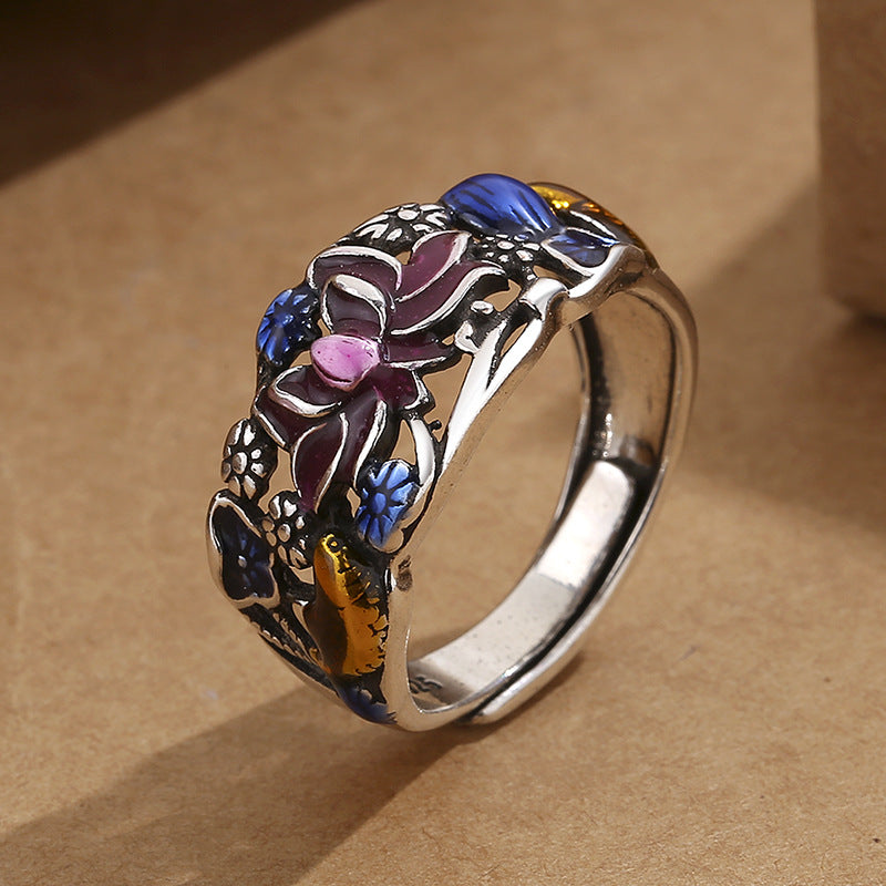 Nimara Ritual Koi Fish Lotus Flower Leaf Design Luck Wealth Ring