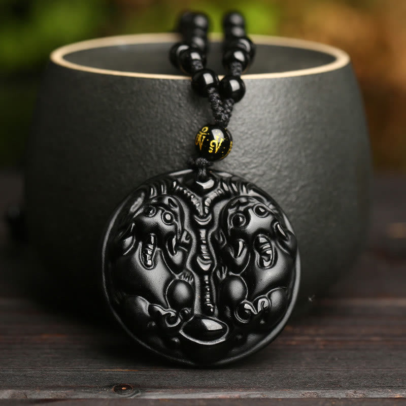 Nimara Ritual Black Obsidian Double Pixiu Bead Rope Purification Necklace Pendant
