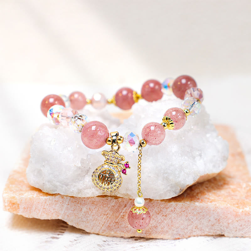 Love Healing Natural Strawberry Quartz Money Bag Charm Positive Bracelet