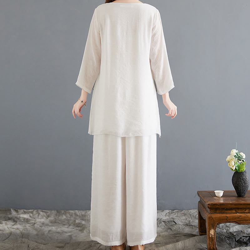 Nimara Ritual 2Pcs Frog-Button Long Sleeve Shirt Wide Leg Pants Meditation Cotton Linen Clothing