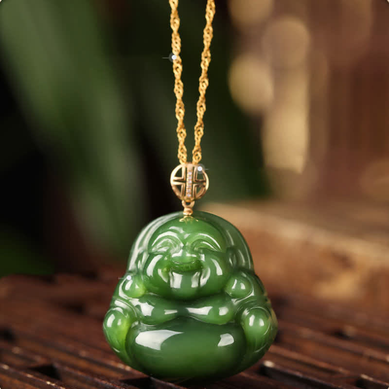 Nimara Ritual 925 Sterling Silver Laughing Buddha Hetian Cyan Jade 18K Gold Success Necklace Chain Pendant