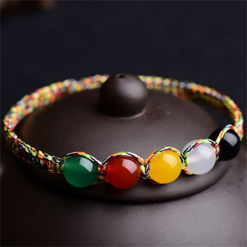 Nimara Ritual Colorful Agate Metal Wood Water Fire Earth Five Elements String Bracelet