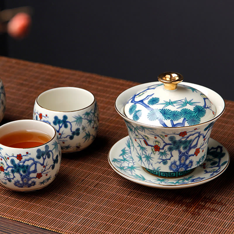 Nimara Ritual Retro Plum Blossom Pine Bamboo Phoenix Kirin Ceramic Gaiwan Sancai Teacup Kung Fu Tea Cup and Saucer with Lid