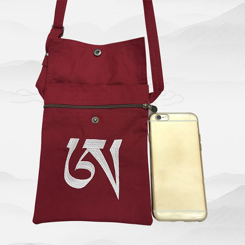 Nimara Ritual Handmade OM Mantra Embroidered Spiritual Mind Practice Cotton Crossbody Bag Shoulder Bag Cellphone Bag
