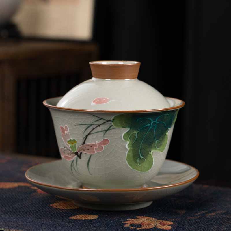 Nimara Ritual Lotus Koi Fish Pod Leaf Ceramic Gaiwan Sancai Teacup Kung Fu Tea Cup And Saucer With Lid 140ml