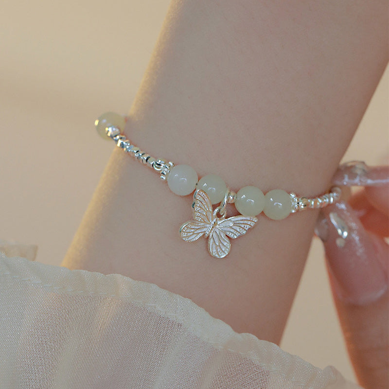 Nimara Ritual 925 Sterling Silver Natural Hetian Jade Luck Butterfly Charm Bracelet