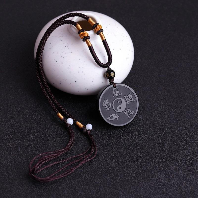 Nimara Ritual Natural Black Obsidian Taoism Five Sacred Mountains Nine-Character Mantra Carved Strength Yin Yang Necklace Pendant Key Chain