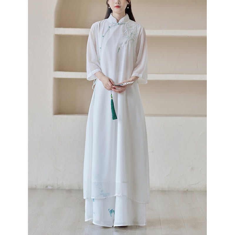 Nimara Ritual Bamboo Cheongsam Dress Midi Dress Wide Leg Pants Meditation Spiritual Zen Practice Clothing