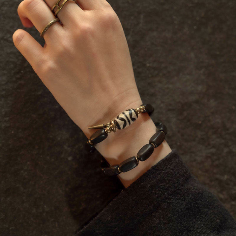 Nimara Ritual Tibet Ebony Wood Dzi Bead Copper Balance Double Wrap Bracelet