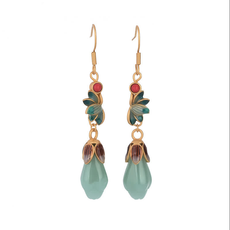 Nimara Ritual Magnolia Flower Jade Pattern Luck Prosperity Drop Dangle Earrings