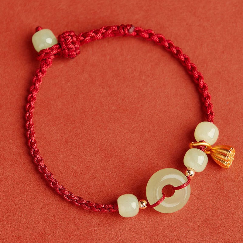 Nimara Ritual Round Peace Buckle Jade Lotus Happiness Abundance Wealth String Bracelet