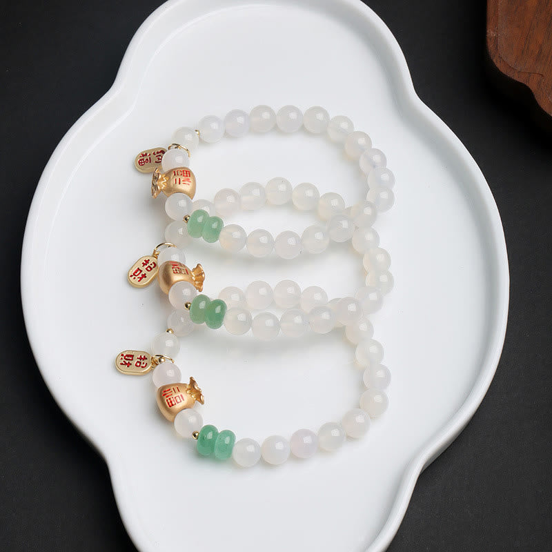 Nimara Ritual Natural White Agate Red Agate Money Bag Fu Character Four Leaf Clover Protection Bracelet