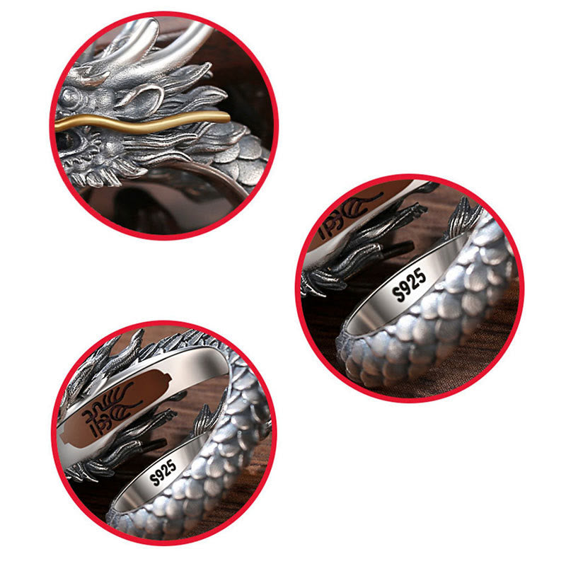 Nimara Ritual 925 Sterling Silver Vintage Dragon Design Protection Strength Adjustable Ring