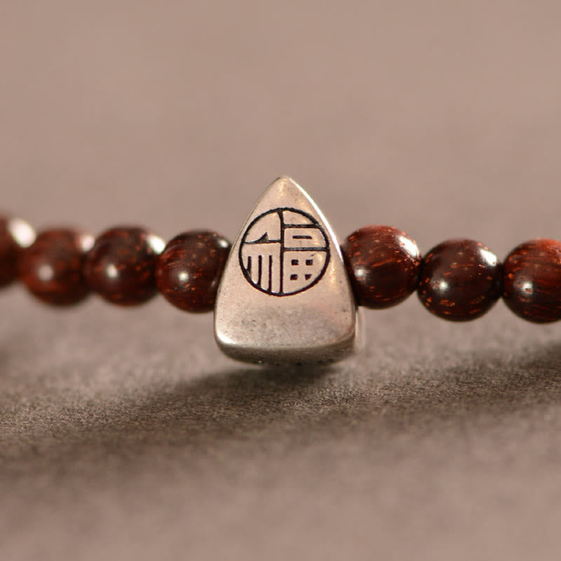 Nimara Ritual 925 Sterling Silver Indian Small Leaf Red Sandalwood Fu Character Protection Triple Wrap Bracelet