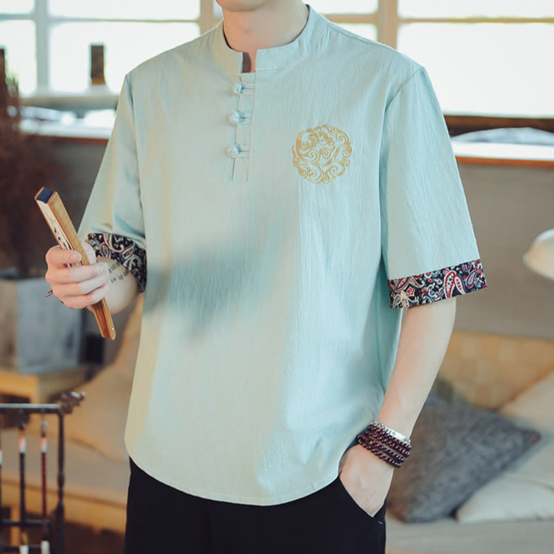 Nimara Ritual Frog-Button Dragon Embroidery Chinese Tang Suit Short Sleeve Shirt Men Clothing