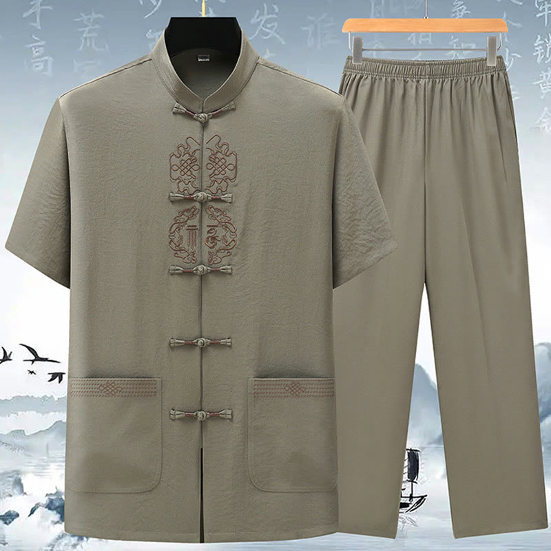 Nimara Ritual Fu Character Chinese Knotting Embroidery Tang Suit Traditional Short Sleeve Top Pants Clothing Men's Set