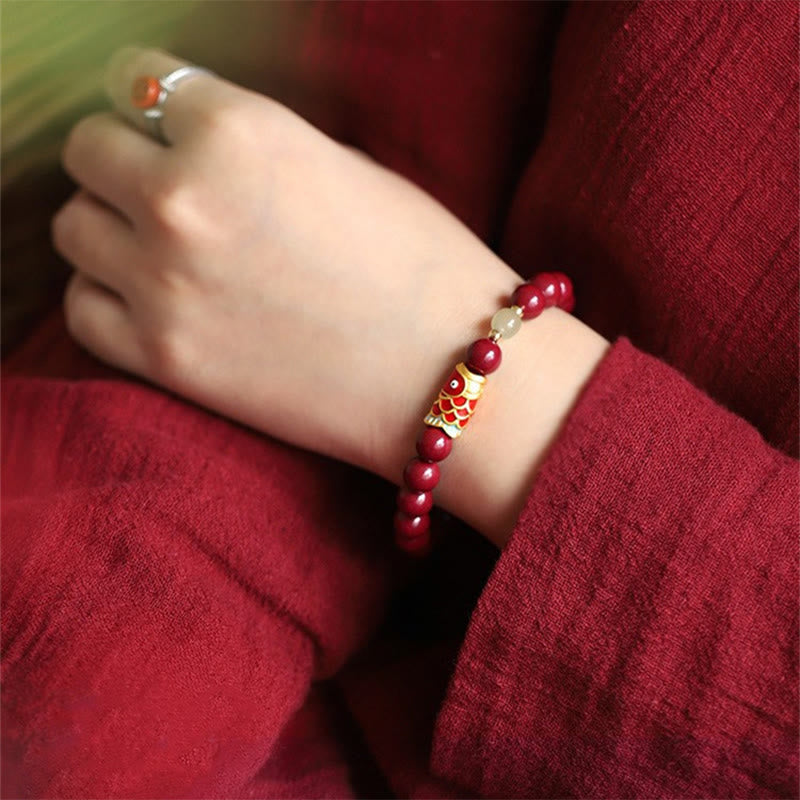 Nimara Ritual Natural Cinnabar Lucky Koi Fish Hetian Jade Bead Blessing Bracelet
